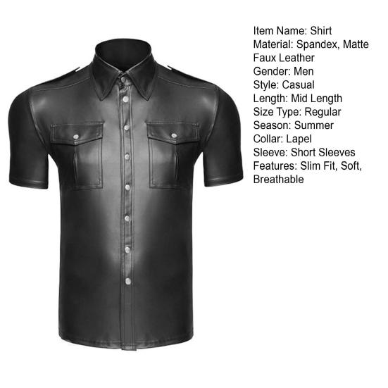Club Performance-skjorta för män, matt konstläder Enkelknäppt bröstficka Nedfällbar krage Medellängd Andas nattklubbsdanstopp