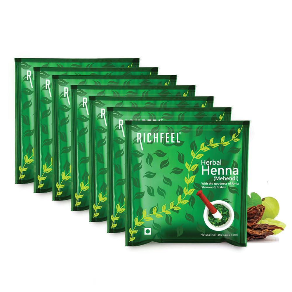 

Richfeel Heena Mehendi Powder| Natural Hair Color and Conditioning with the goodness of Amla, Shikakai & Brahmi | 100 g (Pack of 7)