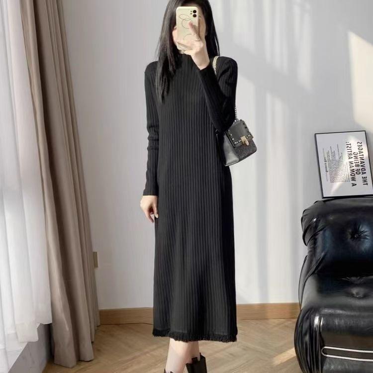 

Осенне-зимнее вязаное платье женское стильное пуловер с полувысоким воротником однотонное длинное вязаное платье повседневное свободное вязаное платье 3XL