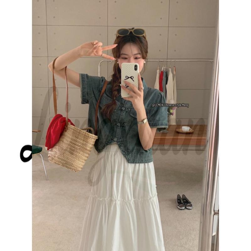 2026 Summer Chinese Style Frog Button Short Sleeve Denim Shirt - Casual Top Small темно-синий