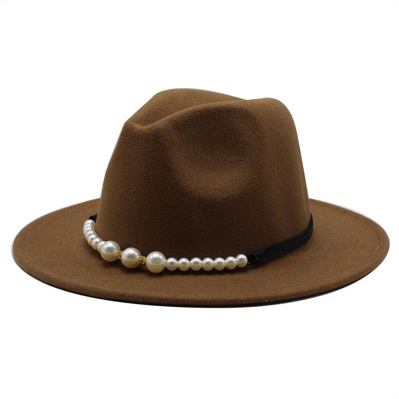 Damen Woll-Jazzhut, britischer klassischer Flachhut, großer Traufenhut, modischer Zylinder mit Perlenschleife