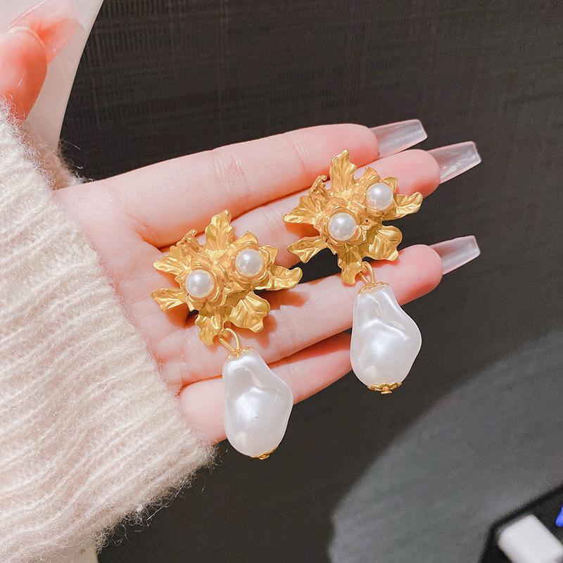 S silver needle gold flower irregular pearl stud earrings women's antique light luxury rose flower earrings ear jewelry