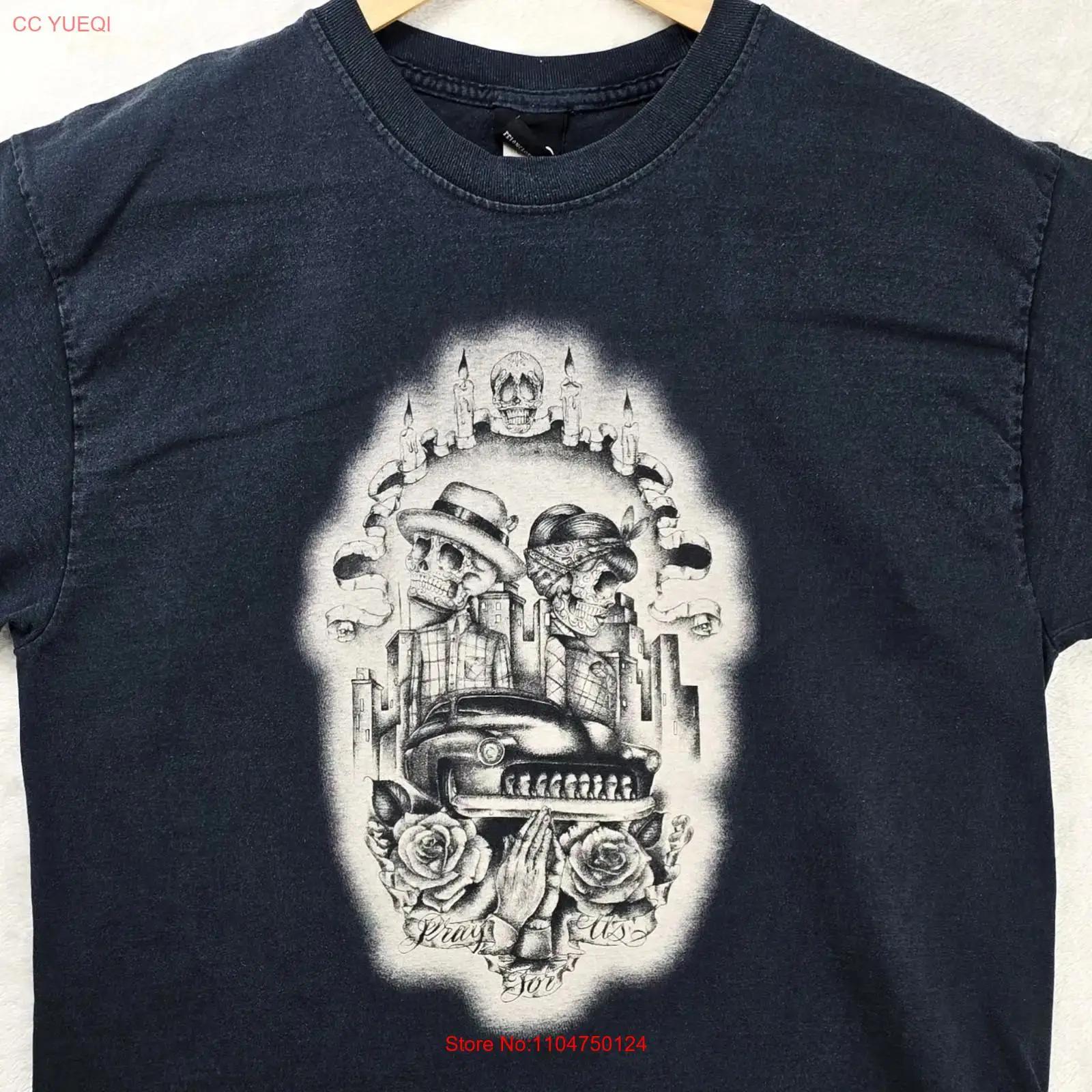

Vintage Felon T Shirt Mens Medium Black Skull Tattoo Chicana Cholo Pray For Us Y2K vintage Washed homme Stylish Stretched 5XL різнокольоровий