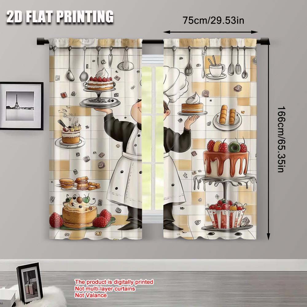 2pcs   spring summer Curtains Baker Pastries Kitchen Art Digital Print Drapes Versatile Polyester Fabric Decorations Outdoor for