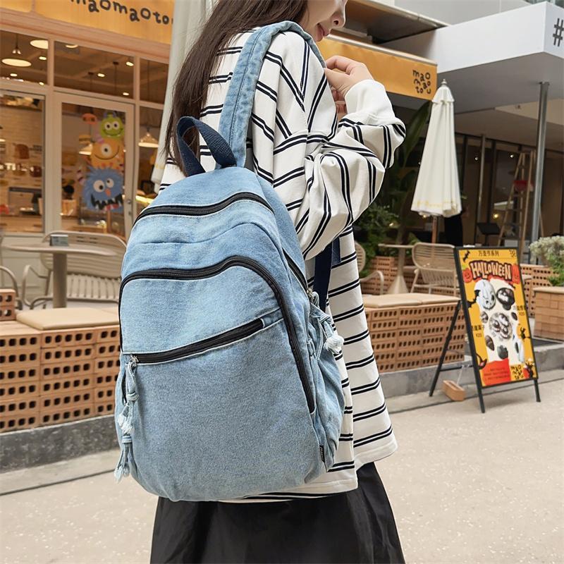 Denim Backpack Student Schoolbag Solid Color Backpack