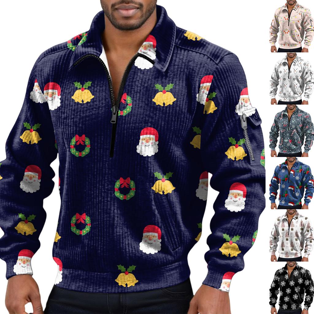 Men's Solid Color Corduroy Zipper Neck Long Sleeve Top Men's Casual Lapel Top