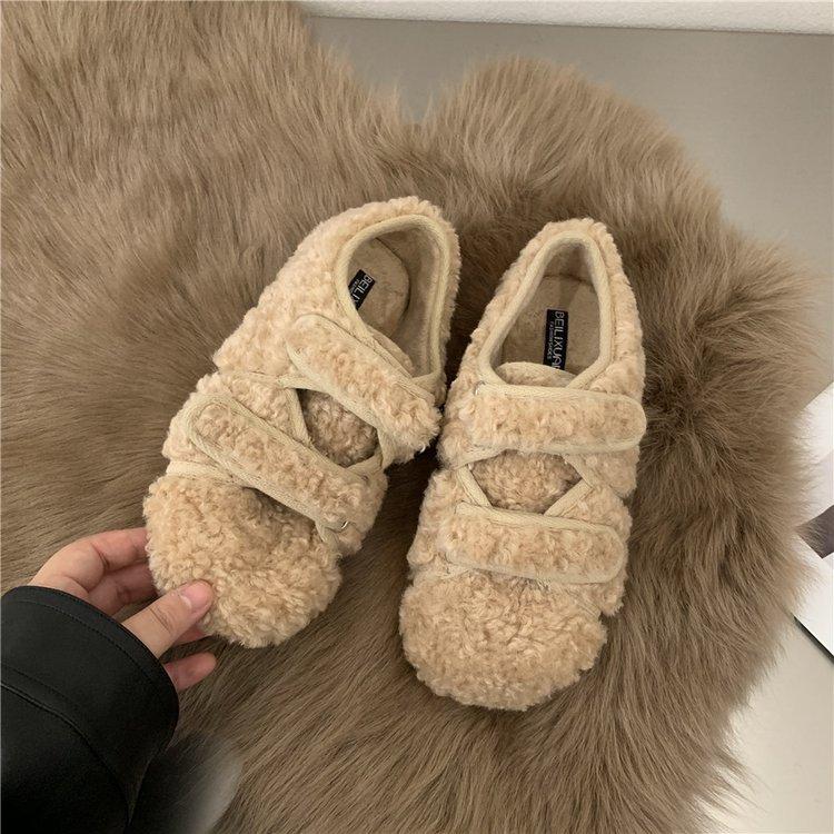 ins gentle wind~ giant warm~ cross one pedal cover foot flat bottom fluffy shoes women wear round head single shoes in winter