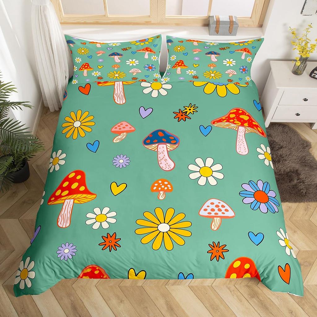 Retro 60S 70S Groovy Flower Duvet Cover,Colorful Hippie Floral Bedding Set Queen,Cartoon Rainbow Mushroom Daisy Comforter Cover