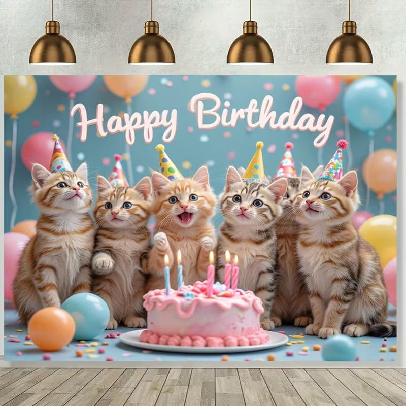 

2D Happy Birthday Kittens Backdrop Cloth, Blue Party Background for Vlog & Live Stream 47.2x31.5inch/120*80cm