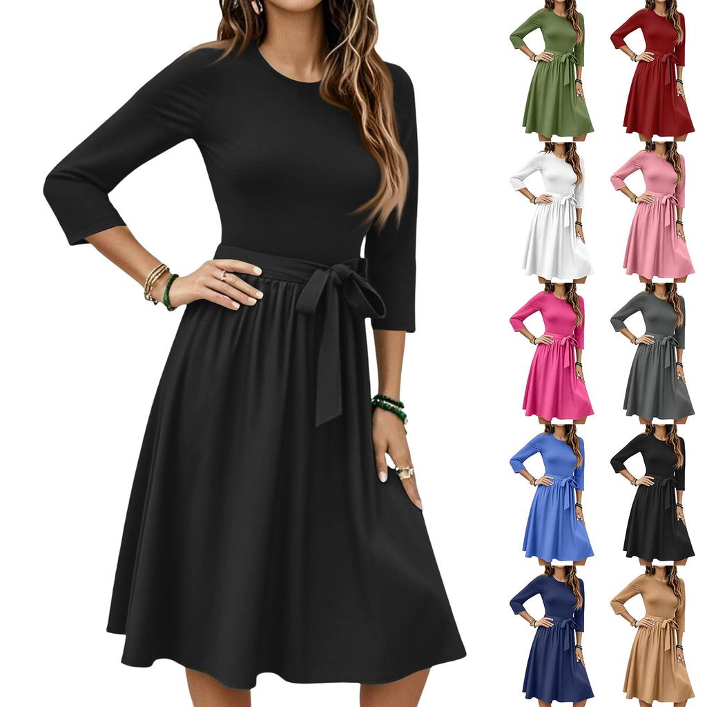 Women's Fashion Casual Waistband Seven Sleeve Round Neck Solid Color Flowy Dresses