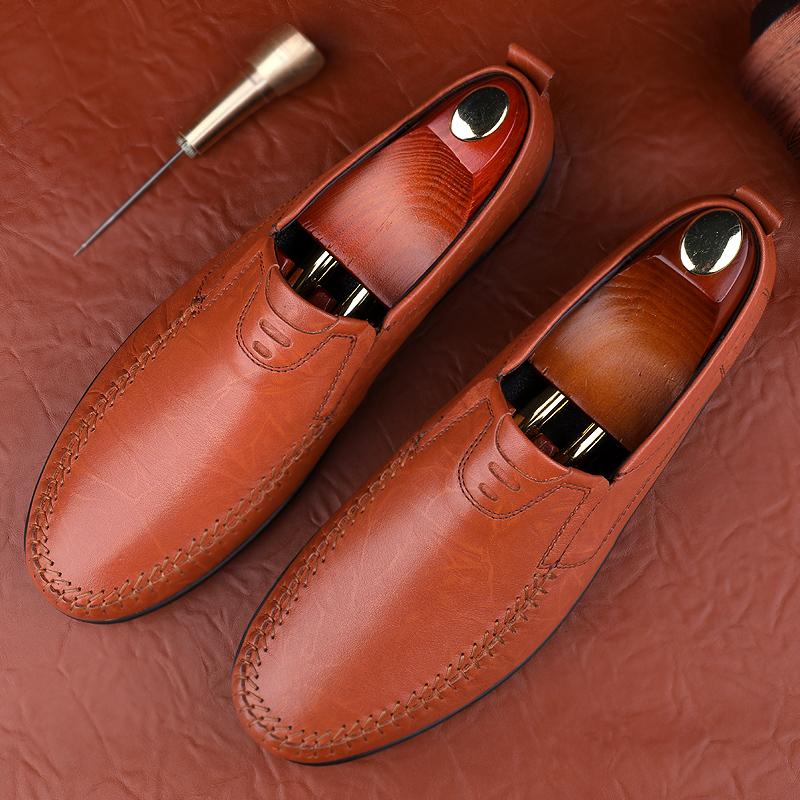 New Handmade Leather Loafers Mens Shoes Casual Slip On Driving Shoes Genuine Leather Breathable Business Shoes Flat Summer Shoes
