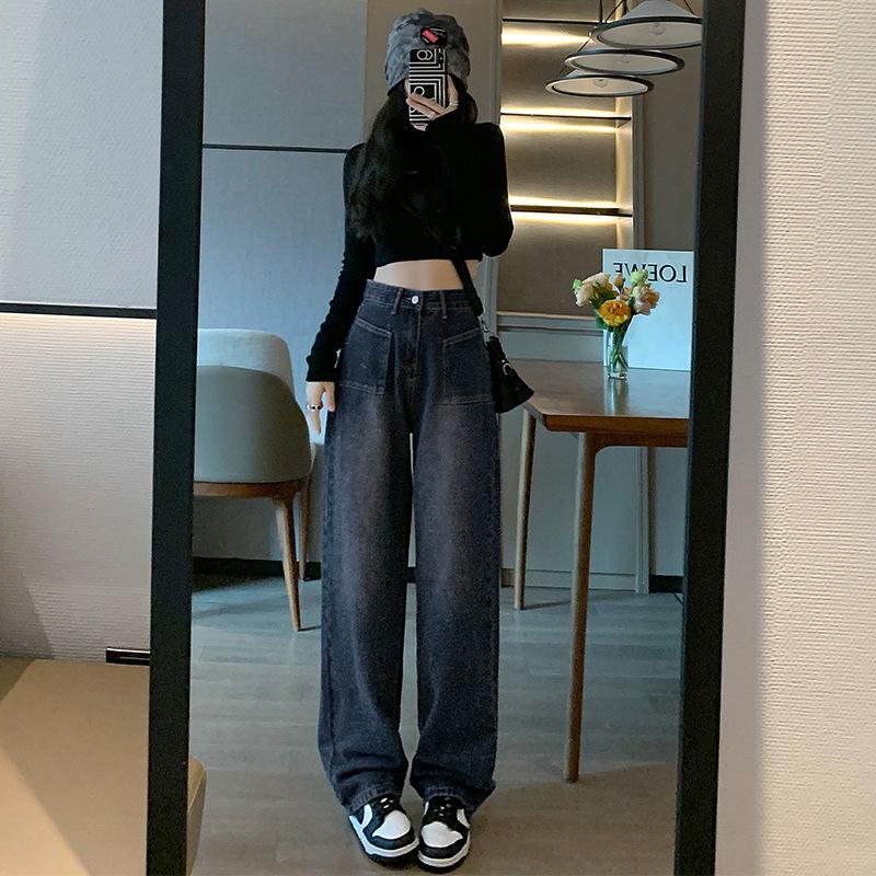 

2023 Korean Style Women s High-Waisted Wide-Leg Jeans - Slimming Straight-Leg Long Pants for Spring/Autumn Large