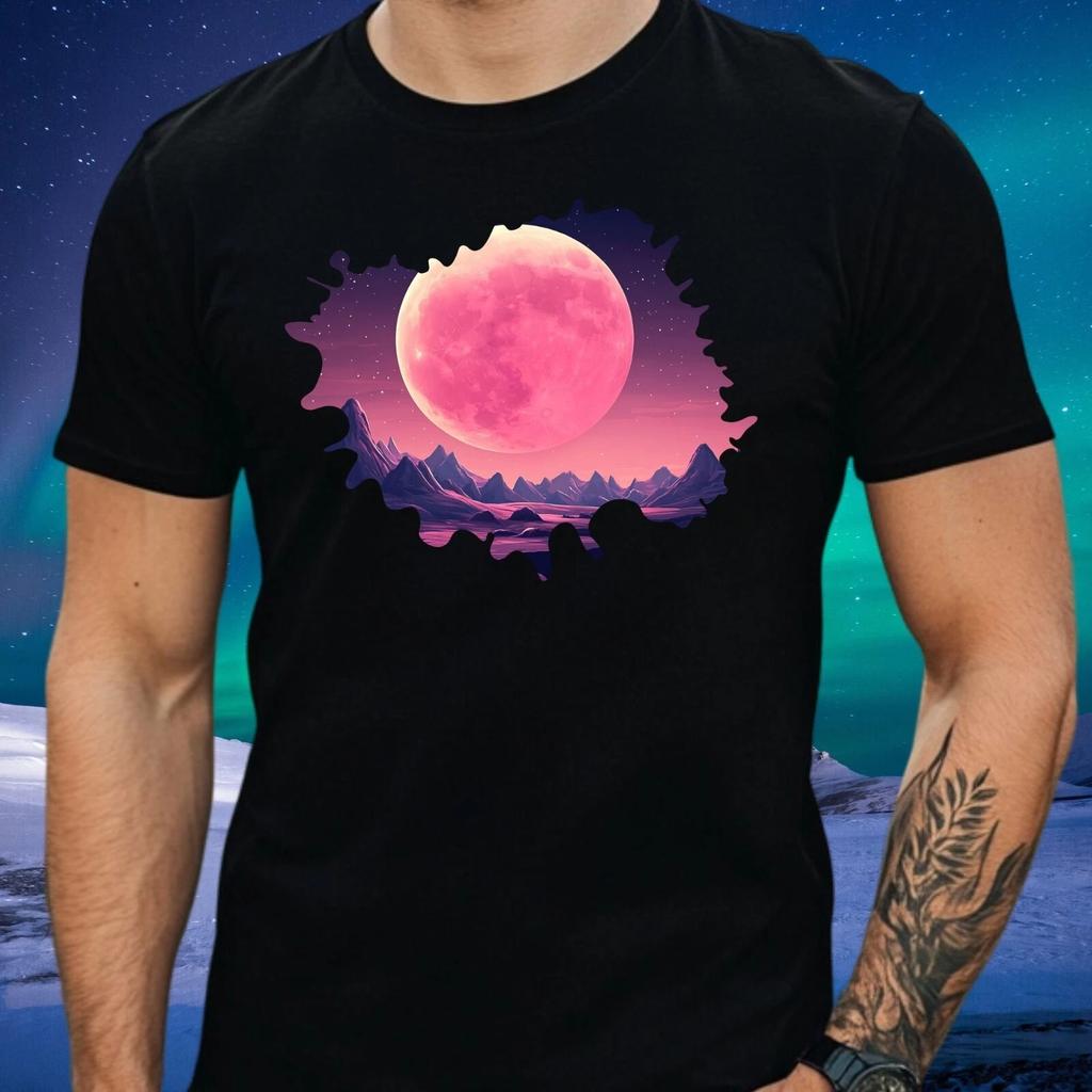 T-Shirt Herren Rosa Mondlandschaft Motiv Baumwolle Größe XS bis 5XL