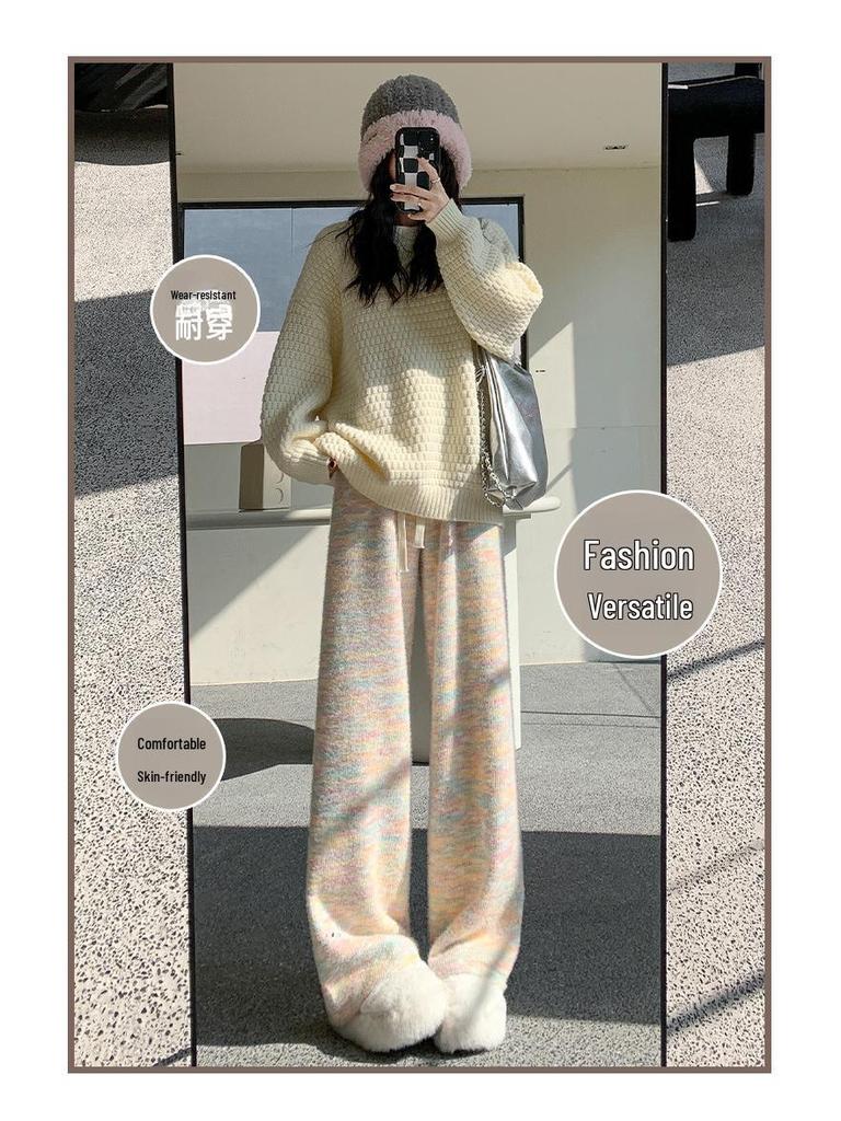 Spring 2024 Rainbow Knit Cashmere Wide-Leg Pants for Women - Loose, Casual & Stylish