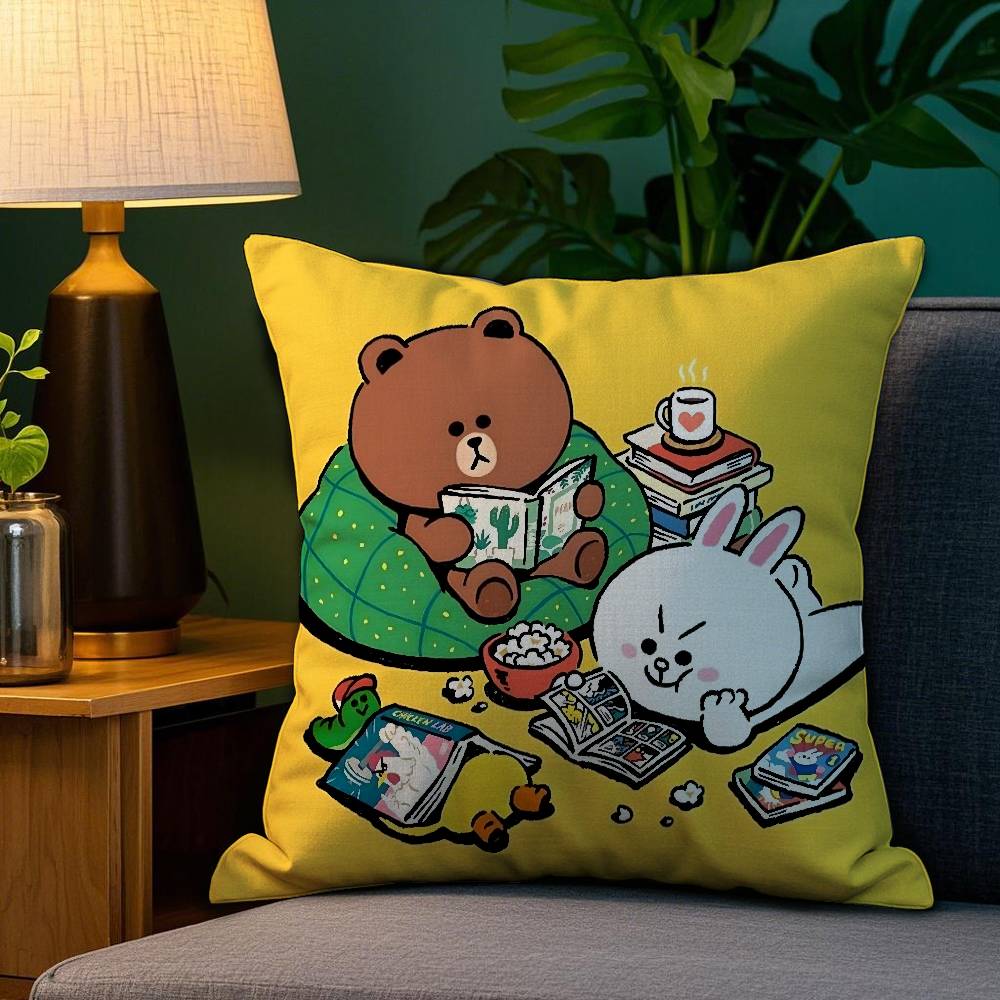 B-Brown Bear and C-Cony Pillow Case Plush Fabric Soft Double Sided Print Sofa Cushion Cover Throw Pillow Covers