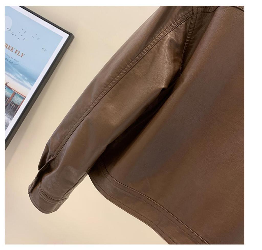 2025 Women's Plus Size Casual Leather Motorcycle Jacket with Turn-Down Collar