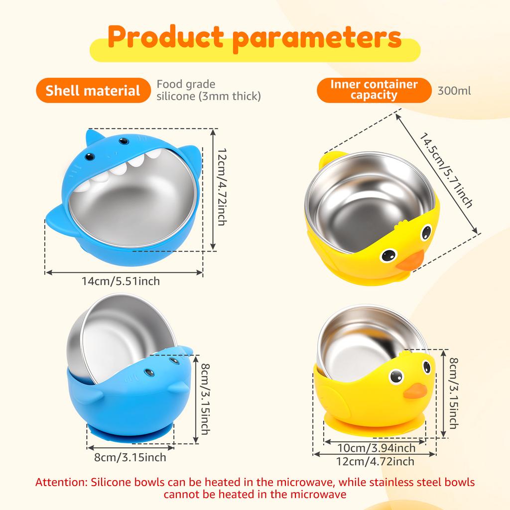 2 Pcs 304 Stainless Steel Baby Bowl with Suction and Silicone Sleeve Baby Bowls Cute Animal Design Toddler Bowl for Baby Feeding