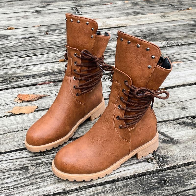 Fashion Fashion Lace-up Modern Boots Women 2024 High Quality Shoes for Women Side Zipper Women's Boots New Plus Size Mid-Calf Boots