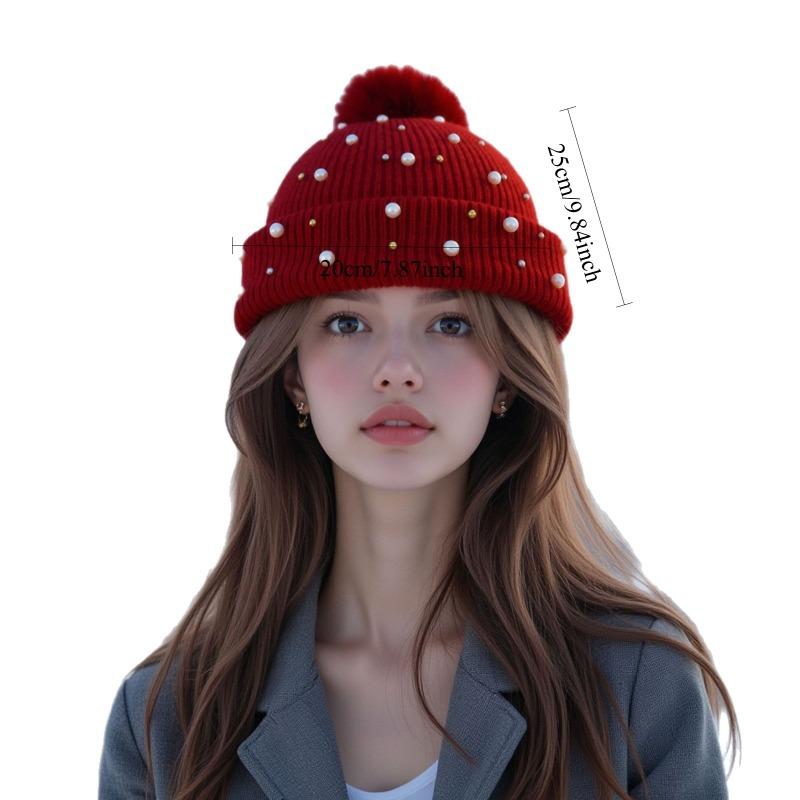 Fashion Winter Pearls Rhinestone Beading Rivet Knitted Mao Line Hat Women Thickened for Keep Warmth Fluffy Fur Ball Ear Protection Knitted Hat