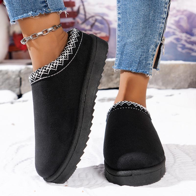 Fashion Ethnic Geometric Embroidery Close Toe Cotton Slides Women 2025 Short Plush Flat Heel Snow Boots Winter Warm Indoor Slippers