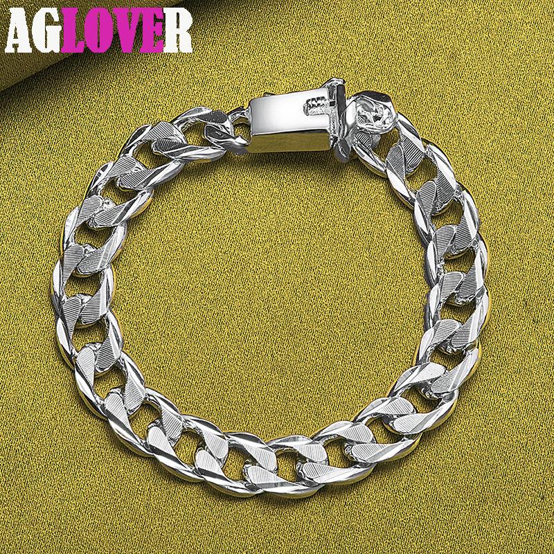925 Sterling Silver Sideways 10mm Chain Square Buckle Bracelet Jewelry