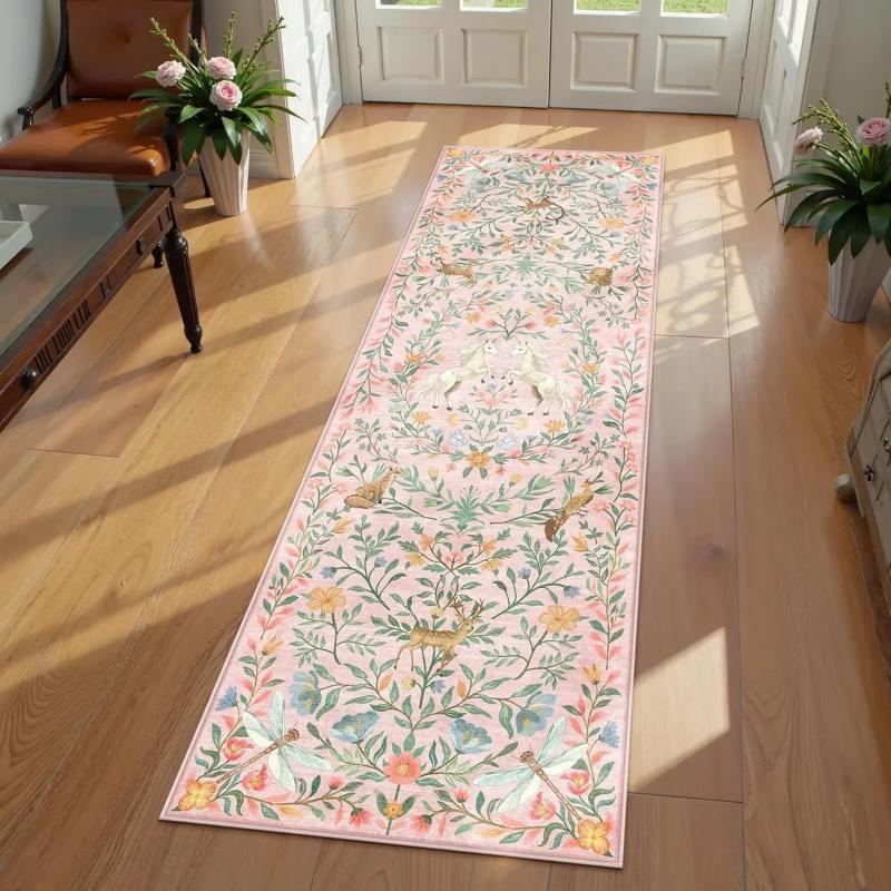 Vintage Forest Creature Floral Long Runner Rug Dark Green Nature Scenic Animal Pattern Non Slip Hallway Bedroom Decor Mat