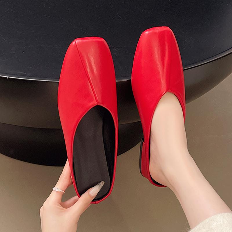 Flats Women Slippers Square Toe Slingback Mules Shoes Dress Woman Sandals 2025 Autumn Cozy Casual Zapatillas De Mujer