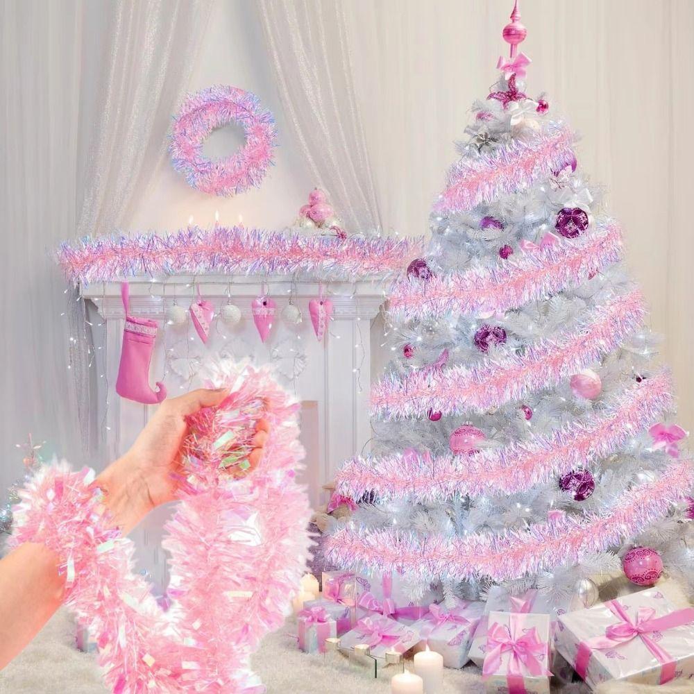 Sparkling Pink Tinsel Garland Pink Wire Ribbon Christmas Snowflake Pendant Hanging Shiny Christmas Party Props Wedding Decor