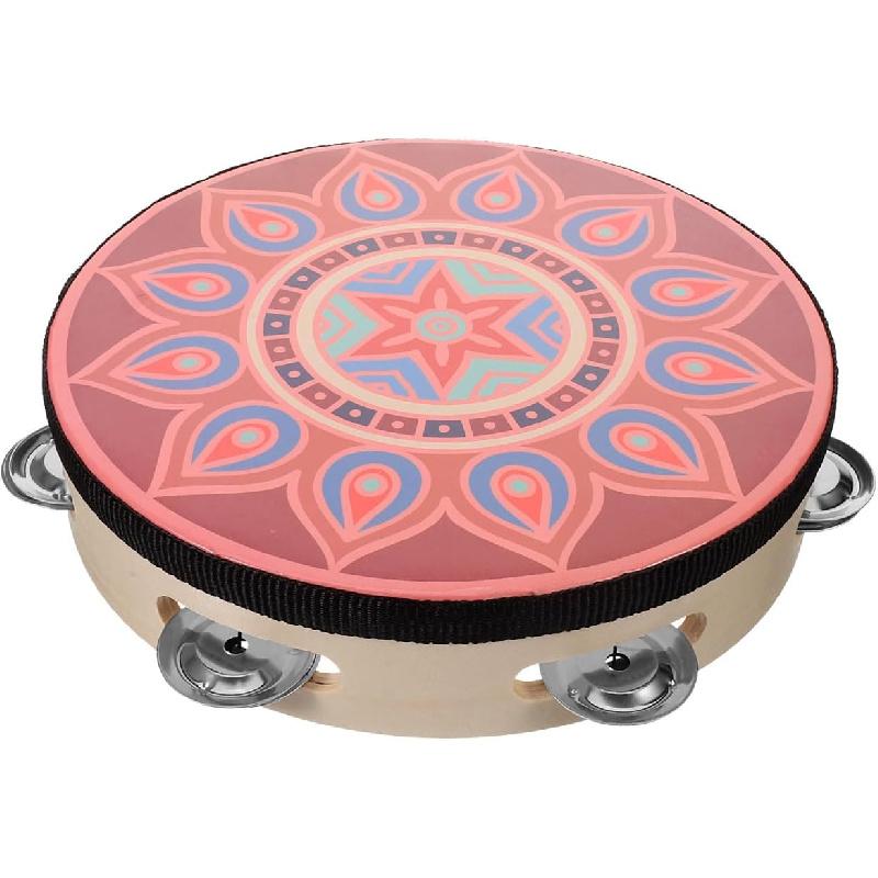 8 Inch Wooden Tambourine - Hand Held Musical Instrument with Stainless Steel Jingles, Multi-Color Design for Dance, Performance, Wedding, and Parties