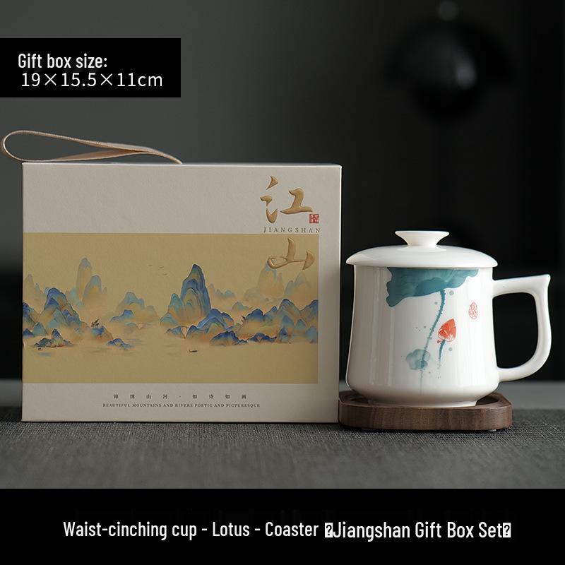 Jade Conference Sheep Fat Porcelain Tea Cup with Lid – White Ceramic Mug for Home and Office, Ideal Gift