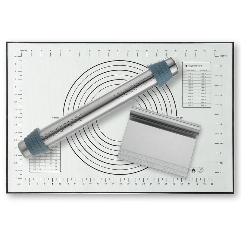

Stainless Steel Rolling Pin, Dough Cutter & Kneading Mat Set