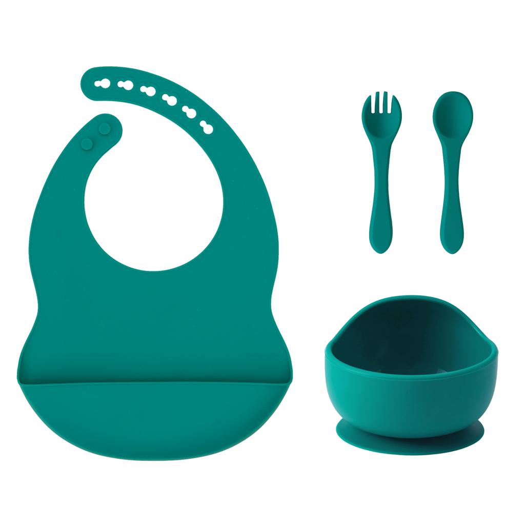 Color Kids 4PCS Silicone Baby Feeding Set With Spoon Bib Suction Bowl BPA Free Toddler Training Spoon Fork Tableware Baby Stuff