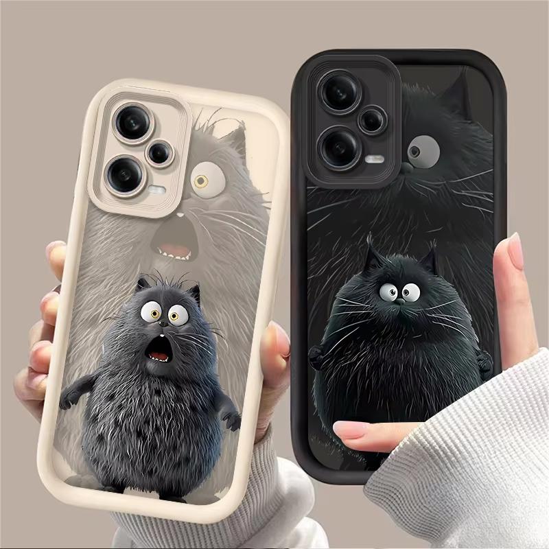 Funny Black Plush Cat Cute Phone Case For Redmi Note 13 12 Pro Plus 5G 13 12 Pro 4G 5G 11 10 Pro 12S 5G 11S 10S Redmi 13C 12 5G
