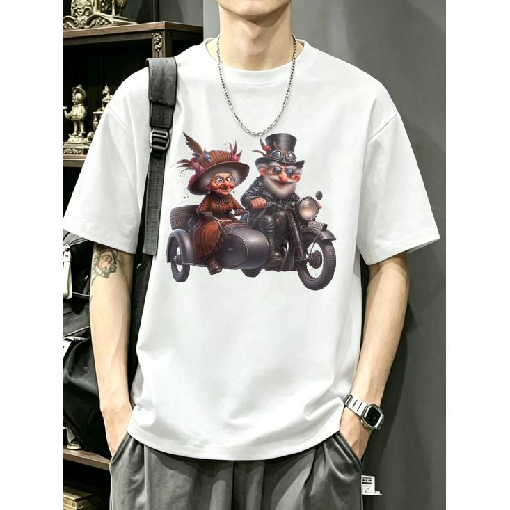 Cotton T Shirt White Steampunk Owl And Cat On Motorcycle Print Casual Wear for Men And Women Streetwear Fashion Outfit S белый