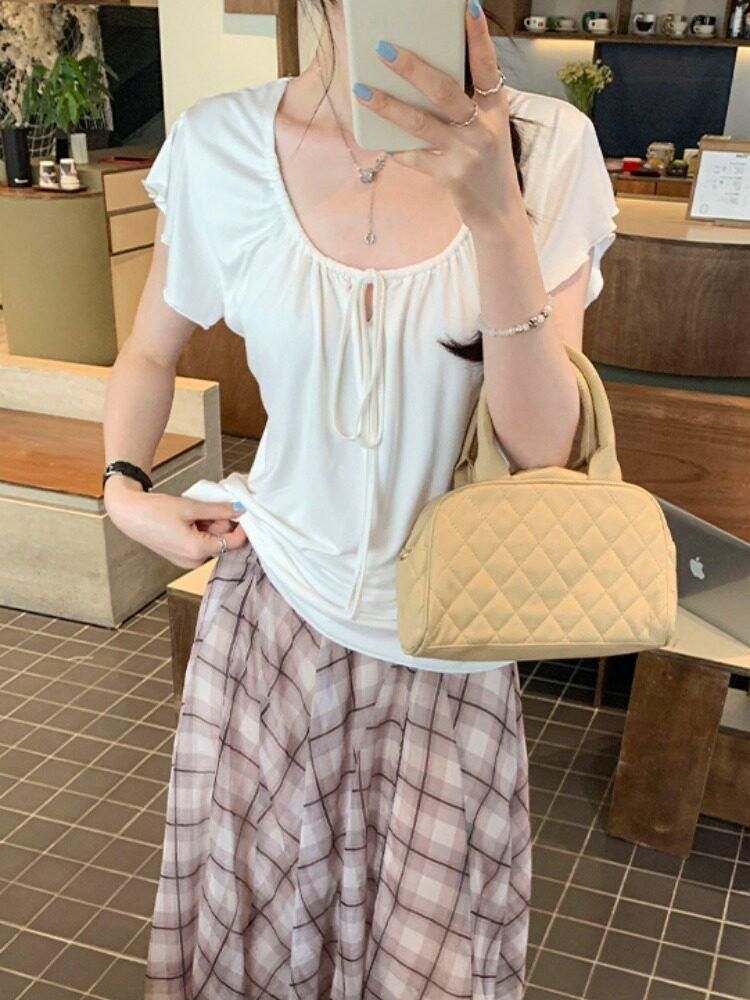 Gentle and relaxed vacation lace-up waist short-sleeved T-shirt women's summer new thin and versatile old money top