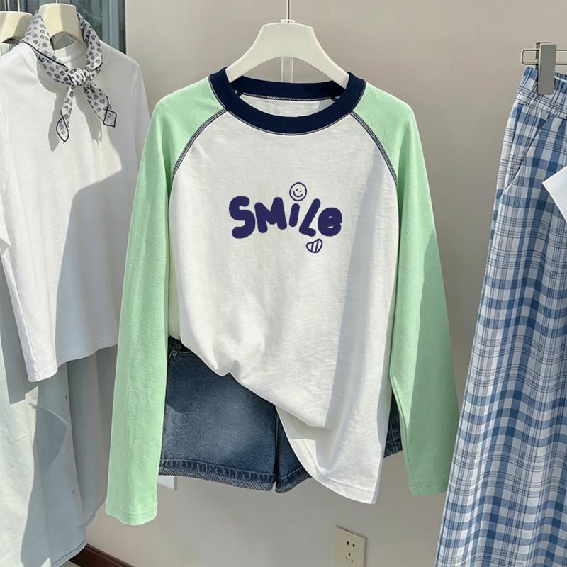 Korean Girls' Long-Sleeve Sun Protection Color Block T-Shirt - Summer Loose Fit for Medium & Large Children