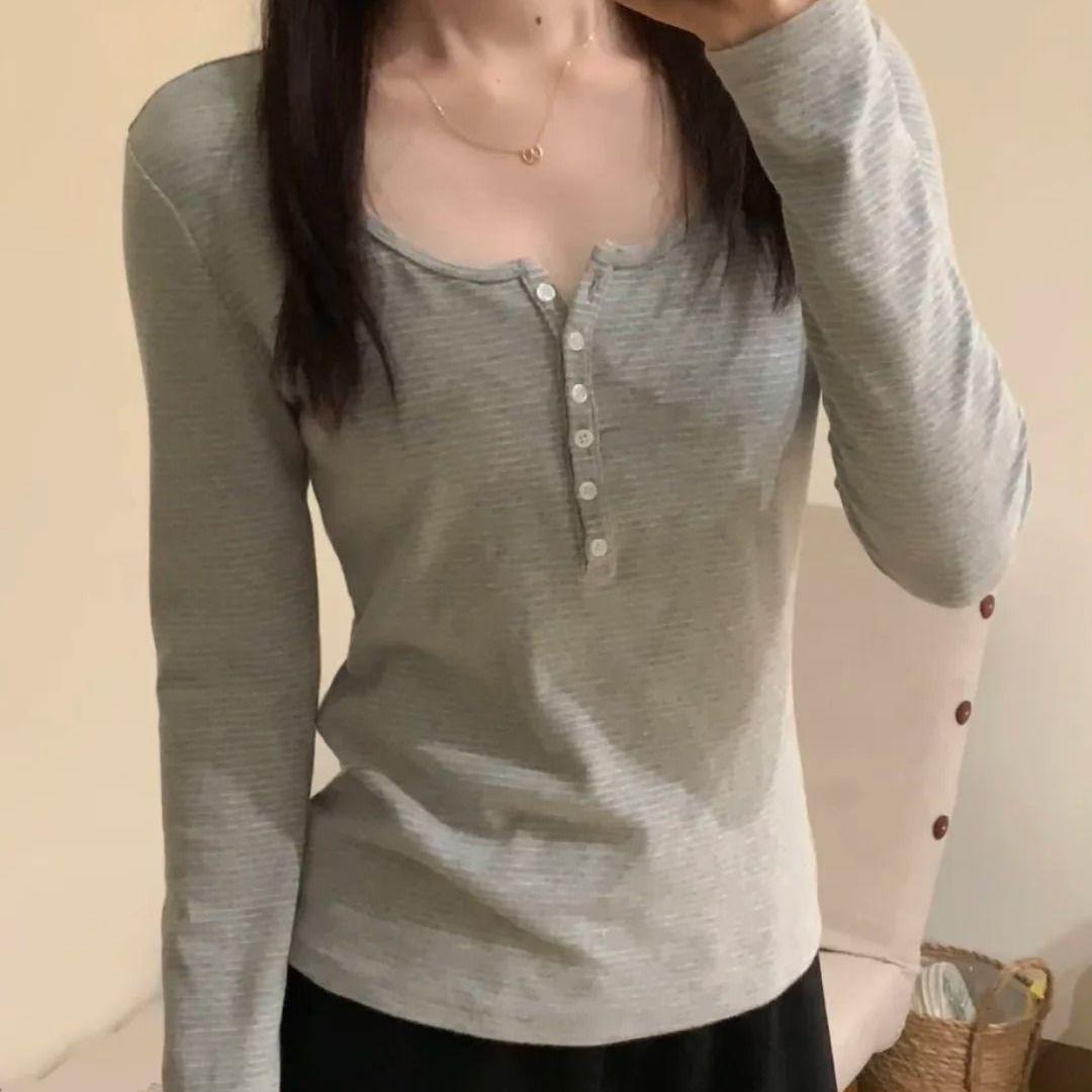 

Korean Hot Girl Grey Stripe Long Sleeve T-shirt - Autumn Trendy Women s Pure Desire Style L (50-57 kg) светло-серый