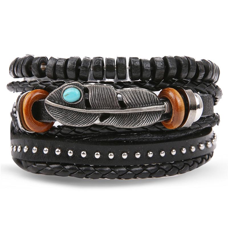 Men's Vintage Multilayer Leather Bracelet with Hollow Triangle Beads