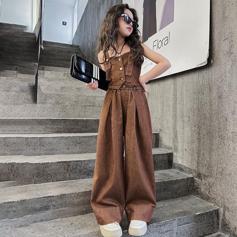 Girls Summer Design Clothes Set Sling Tank Top+ Wide Leg Pants 2pcs Junior Kids Suit Teen Child Clothing Outfits