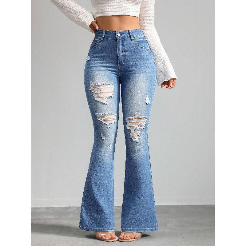 2026 New Fashion High-Waisted Ripped Flared Jeans for Women Casual Long Pants XS синий