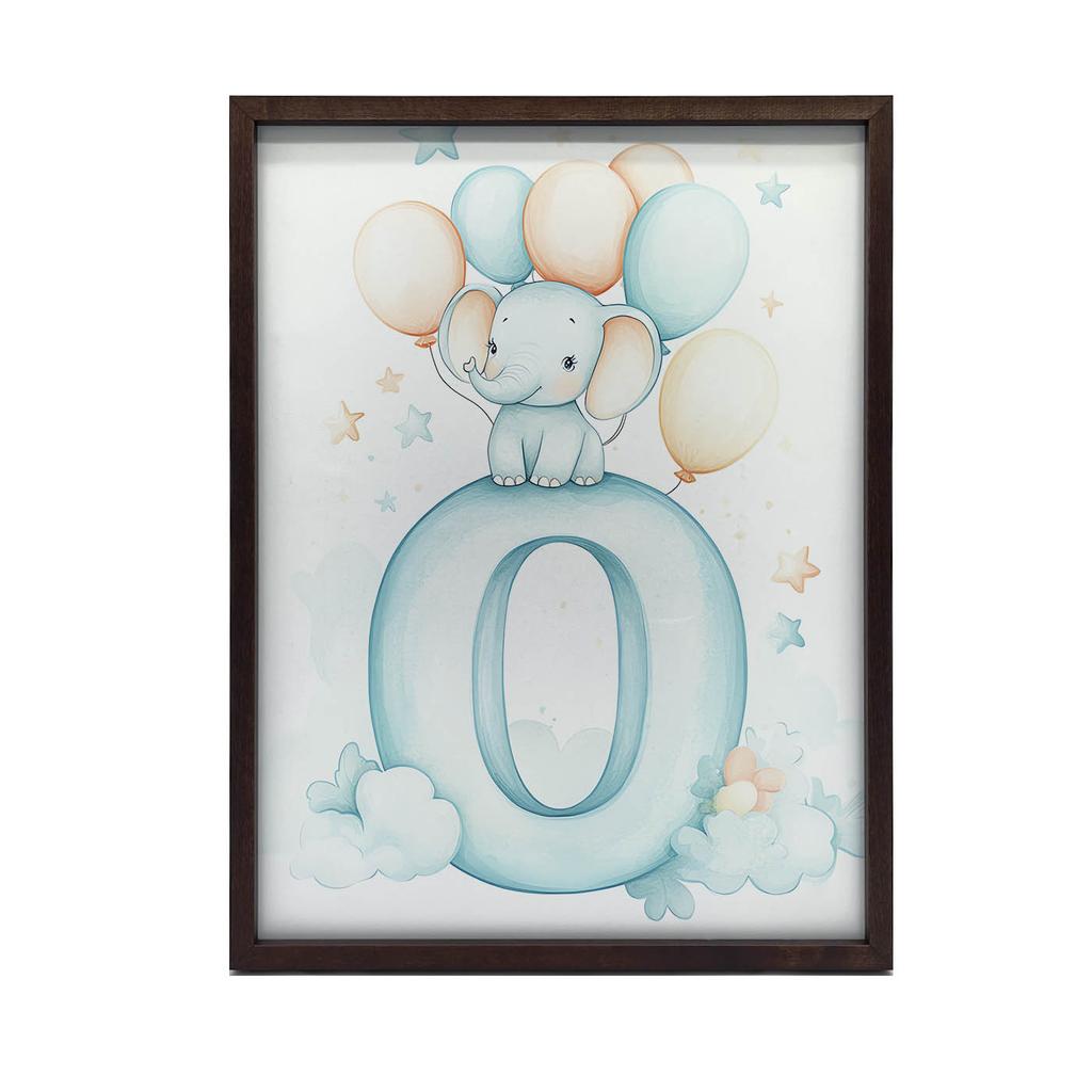 Plakat Słonik Na Chmurze Z Literą O Plakat Słonik Na Chmurze Z Literą O, 50X70 Cm, Rama Aluminiowa Złota, Papier Matowy 230 Gsm