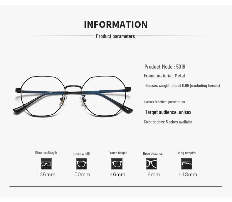 Unisex Octagonal Metal Frame Glasses with Anti-Blue Light and Myopia Prescription.