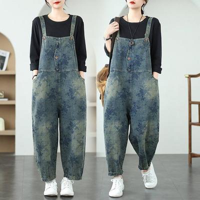 Plus Size Women's Summer Casual Suspenders Jeans Men's Spring and Autumn Stitching Summer Nine-point Pants Overalls Women