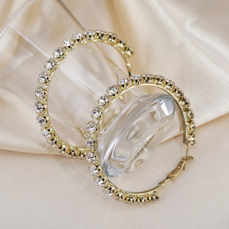 Japan And South Korea Fashion Simple And Versatile Hong Kong Style Temperament Exaggerated Circle With Diamonds Gold Geometric Retro Earrings