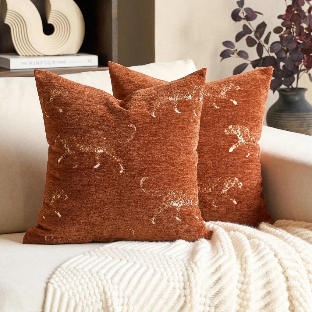 2Pcs Vintage Leopard Print Pillow Cover Polyester 2D Double-Sided Print Sofa Cushion Case Gift For Living Room Sofa Bedroom Deco