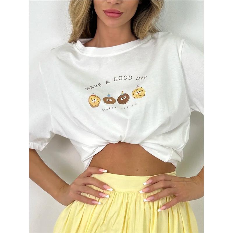 

Мультяшный шикарный повседневный летний топ с принтом сердечек - Милый и омолаживающий дизайн средней длины 2025 для девочек XL белый