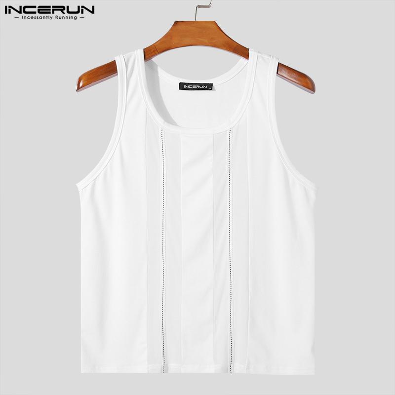 INCERUN Men Sleeveless Patchwork Mesh Sheer Tank Tops See Through Vest