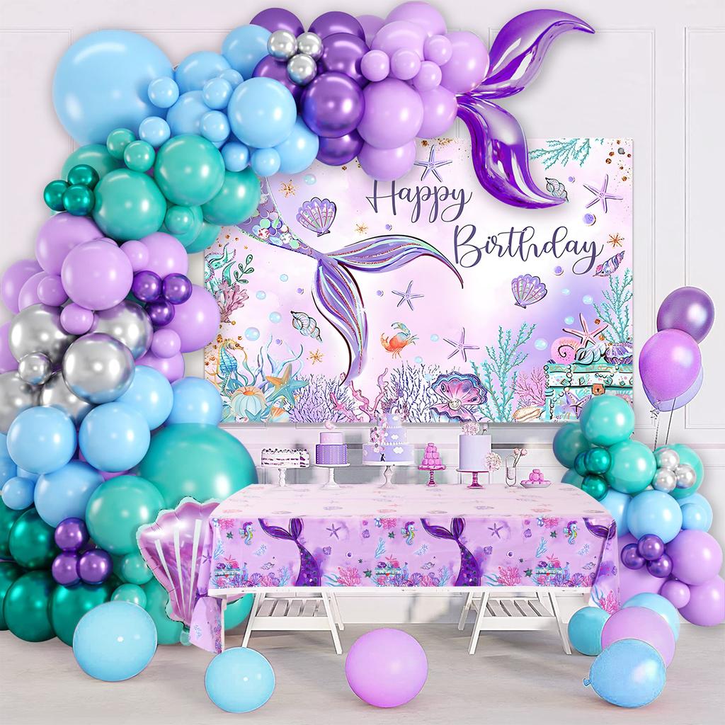 Décorations de Fête Petite Sirène Ballons Guirlande Arche Queue de Sirène Toile de Fond Ensemble Décoration 1er Anniversaire Articles de Fête Fille