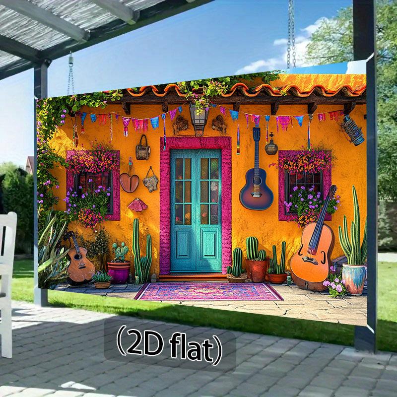 One 2D flat background cloth for a Mexican carnival theme, featuring a guitar, colorful door decorations and floral patterns
