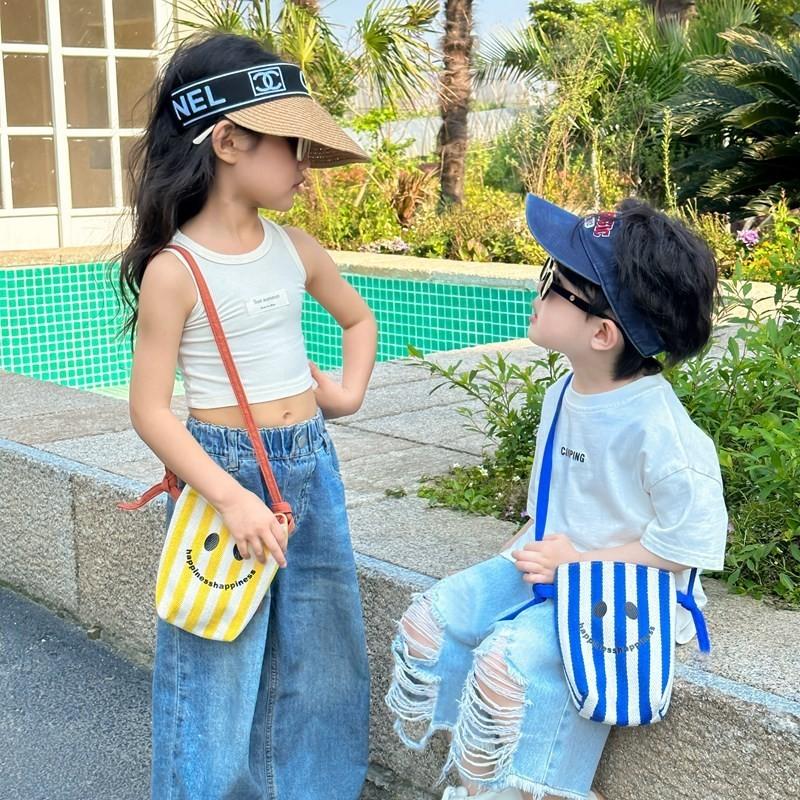 Stylish Mini Canvas Shoulder Bag For Kids With Cute Smiley Face And Striped Design